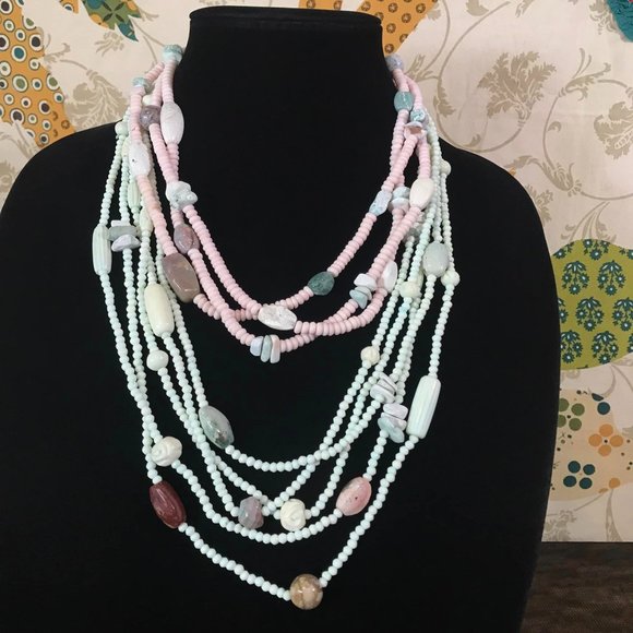 2 Necklace Lot Dyed Bone Agate Stone Boho Bohemian Multi Strand Necklaces India - Picture 1 of 10